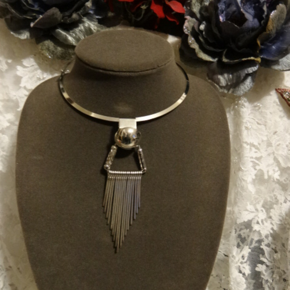 Silvertone Art Deco Necklace w/Fringe Modern NEW